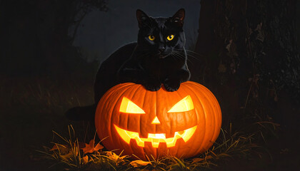 Black cat with yellow eyes perched atop glowing jack-o'-lantern with jagged face, set against dark background in spooky Halloween scene.
