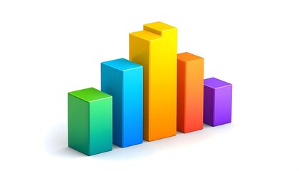 A colorful 3D bar graph rising from a white background, showcasing vibrant hues and casting subtle shadows. The bars vary in height and represent data trends