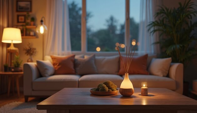 Living room interior with decor at night. Cozy home with sofa pillows table lamp plants. Elegant interior design in warm light with diffuser candle creating peaceful ambient atmosphere. Modern