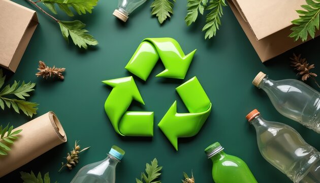 Green recycling symbol with plastic bottles, cardboard, and leaves represents eco friendly waste management and planet care. Sustainability concept with recyclable materials and nature.