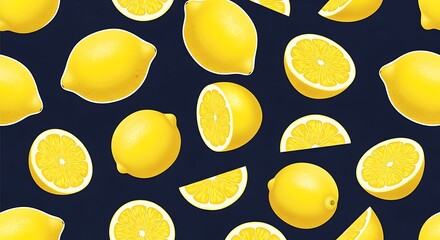 Bright Yellow Lemons on Dark Blue Background - A Fresh and Zesty Pattern.