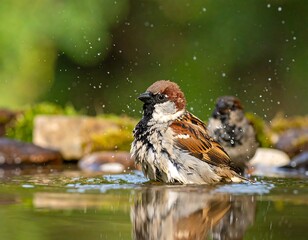 A small bird, wet from bathing in shallow water, is captured in a close-up shot. Another bird is in the background, with droplets of water