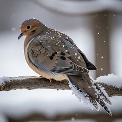 Mourning Dove Perched on Snowy Branch in Winter.