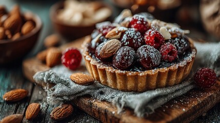 Delicious Raspberry Tart with Almonds and Powdered Sugar Close-Up on Wooden Board