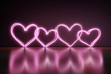 Three hearts glowing in the dark illuminated by a pink neon light, creating a vibrant and romantic atmosphere.