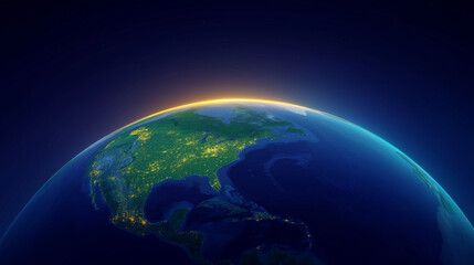 Fototapeta premium Global Sunrise: A mesmerizing image of Earth, with the continents bathed in the golden light of sunrise against a deep space backdrop.