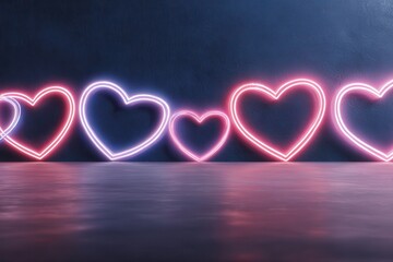 A vibrant and eye-catching background featuring a row of neon hearts in various shades of pink on a dark gloomy backdrop, perfect for Black Friday promotions.