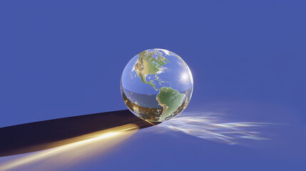 Naklejka premium Earth in a Glass Sphere: A luminous glass sphere, representing our planet, casts a striking shadow on a simple surface. The image, evokes a sense of fragility, environmental consciousness.