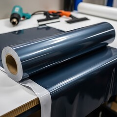 Roll of Dark Blue Vinyl Film on a Table with Tools.