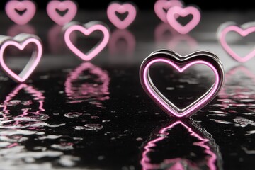 A heart-shaped object stands out in the center of a cluster of neon pink hearts, against a dark glowing background. Perfect for Black Friday promotions or love-themed designs.