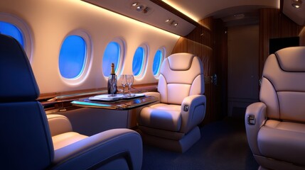 Fototapeta premium Luxurious private jet interior featuring elegant seating, champagne, and serene window views at dusk