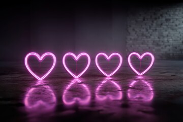 Three bright neon pink hearts glowing against a dark background, perfect for Black Friday promotions or romantic concepts.