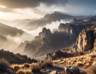 A dramatic mountain landscape bathed in warm sunlight, with mist filling the valleys below jagged peaks and a cloudy sky