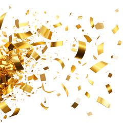 Glimmering gold confetti explodes from left, against black, creating festive atmosphere