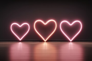 A vibrant black Friday neon background with three pink neon hearts in a row, set against a dark gloomy backdrop. The hearts shine brightly, creating a striking visual display.