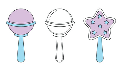A set of three baby rattles one purple and blue star shaped one purple and blue round and one outline round baby toy