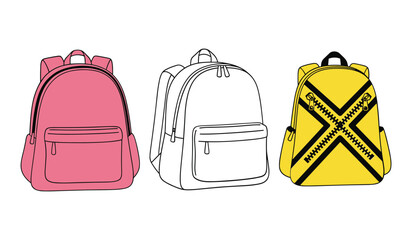A set of three backpacks pink white and yellow with black zippers on white background school bag pink backpack