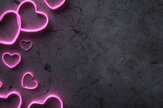 A vibrant display of pink neon hearts scattered on a dark background, creating a festive and eye-catching design. Perfect for Valentine's Day or special promotions like Black Friday.