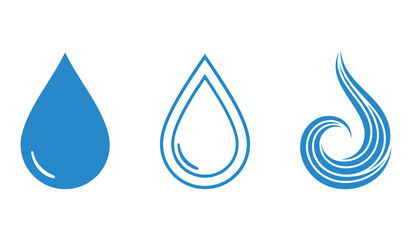A set of three blue water drop and wave icons on white background symbol
