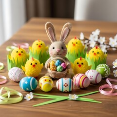 Easter Bunny and Chicks with Decorated Eggs on Wooden Table.