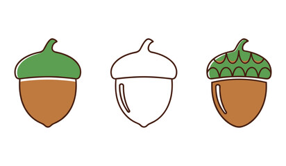 A set of three cartoon acorns one colored green and brown one outline and one with green cap pattern food autumn