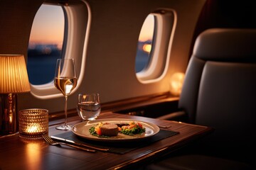 Luxurious dining experience on a private jet with gourmet meal and elegant ambiance at sunset