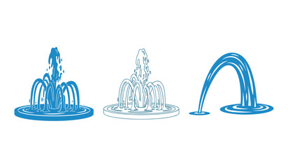 A set of three blue water fountain illustrations with splashing water and ripples spray