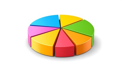 Obraz premium A colorful, 3D pie chart illustrating segments with varying sizes and bright hues against a clean white backdrop