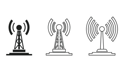 A set of three communication tower icons in black and white line art and solid fill radio tower antenna