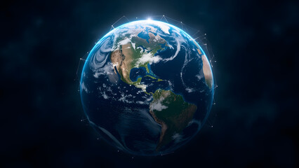 Fototapeta premium Ultra-realistic 8K close-up of an Earth globe with a subtle digital network overlay. Dark space provides ample copyspace, creating a professional composite ideal for illustrating global connectivity, 