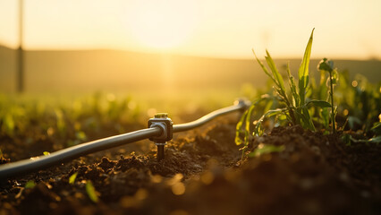 High-detail 8K realistic photo of soil sensors and smart irrigation equipment in a modern farmland setting under warm morning sunlight. The scene captures the harmony of agriculture and technology, wi