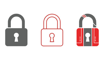 A set of three different padlock icons in gray and red on white background security symbol