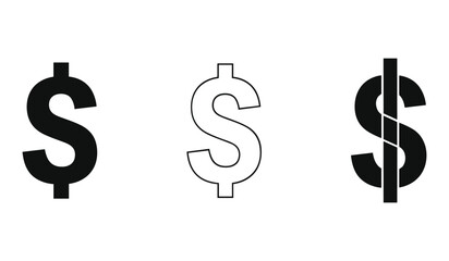 A set of three dollar sign icons solid outline and divided currency symbol money