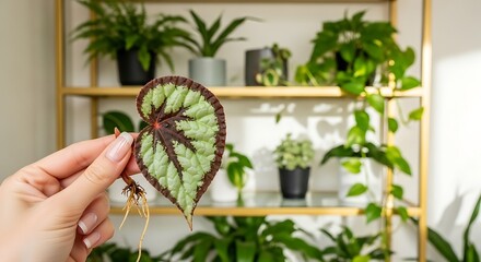 Begonia leaf propagation with indoor plants in the background.