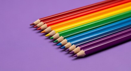 Fototapeta premium Rainbow colored pencils arranged diagonally on a purple background image