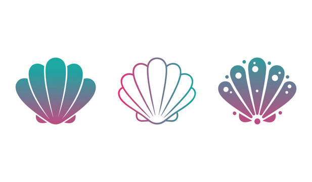A set of three gradient seashell icons in teal pink and purple shell logo ocean
