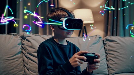 A boy with VR headset and controller, sitting on a couch. Neon light trails suggest a futuristic video game. Side angle, cozy room setting. - Powered by Adobe