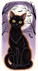 Black Cat Silhouette Against Full Moon Halloween Night Illustration.