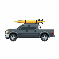 Gray pickup truck with yellow surfboard on roof rack.