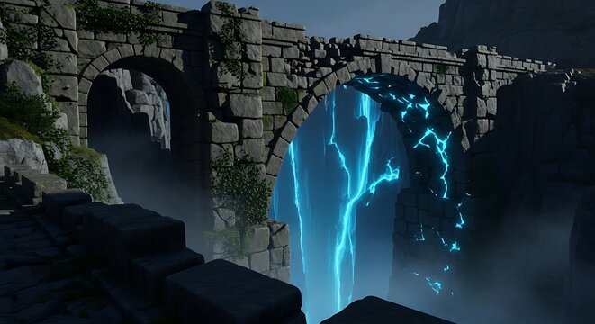 Luminous Azure Cascade - A Magical Waterfall Beneath an Ancient Stone Arch.