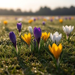 Spring Crocuses in Bloom - A Colorful Meadow Awakening.