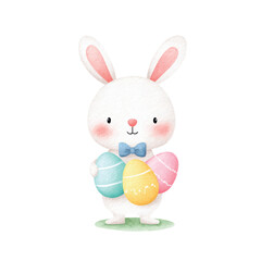 Obraz premium Adorable Easter Bunny Watercolor Illustration Pastel Eggs 1.