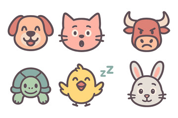 Obraz premium Six adorable domestic and farm animal head icons showing various emotions