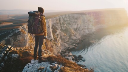 Empowering hiker admiring stunning coastal views, adventure awaits, perfect for travel blogs and outdoor campaigns