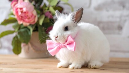 Obraz premium A fluffy white rabbit adorned with a pink bow-tie sits on a wooden table. Behind it is a soft focus display of flowers
