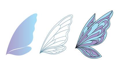 Fototapeta premium A set of three styles of fairy wings in blue and purple gradient and outline butterfly wings fantasy