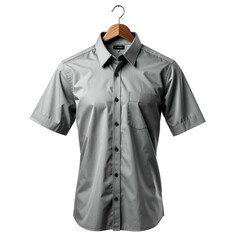 A gray short-sleeved button-up shirt hangs on a wooden hanger against a black backdrop