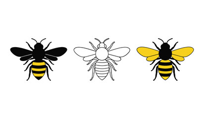 A set of three stylized bees one black silhouette one outline and one yellow and black insect animal
