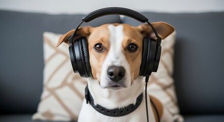 Dog Listening to Music with Headphones on the Couch.