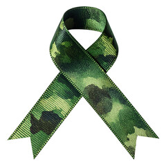 A camo-patterned awareness ribbon, isolated on a black background. Its edges are textured